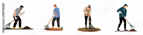Set of four men gardeners and farmers raking soil with different tools in flat illustration style, isolated on white background.