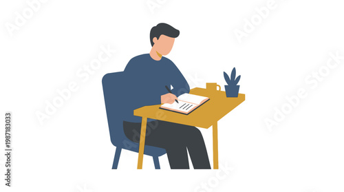 Man sitting at desk writing book.