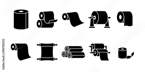 Black paper roll icons set, toilet paper and paper towel vector silhouettes, 10 industrial paper roll elements for hygiene and manufacturing