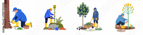 Illustrations of people performing various gardening and agricultural tasks like pruning trees, planting flowers, and harvesting plants in an outdoor setting.