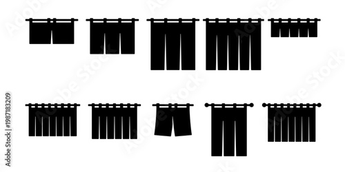 Japanese Noren curtain silhouettes, traditional fabric shop dividers, set of 10 black oriental door hangings, minimalist Asian restaurant decor icons