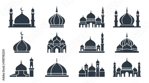 Mosque silhouettes with domes and minarets.