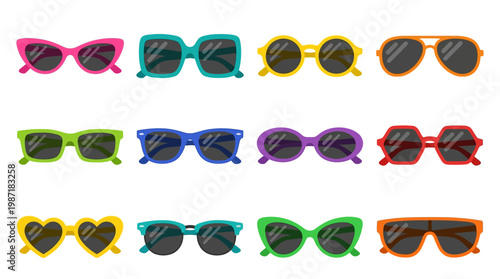 Colorful sunglasses in various shapes.