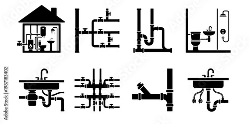 Plumbing system icons set, house water pipe network diagrams, bathroom fixture and drainage vector silhouettes for home maintenance
