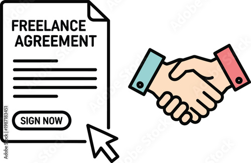 Freelance Agreement Signed, Handshake Deal, Cursor Clicking Sign Now Button