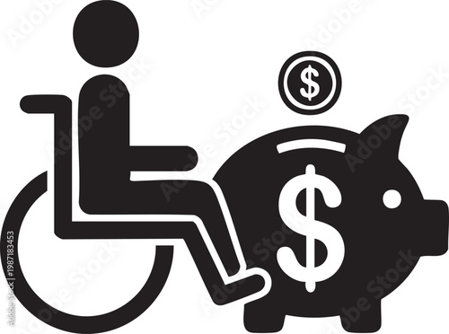 Disability finance icon, accessible money concept, wheelchair user saving, black vector graphic