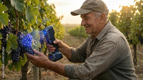Farmer Inspecting Grapes with UV Light in Vineyard.