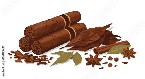 Three aromatic dark brown cigars rest beside scattered dried tobacco leaves and fragrant cinnamon sticks with star anise on a clean white studio backdrop.