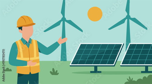 Engineer with hard hat overseeing solar panels and wind turbines