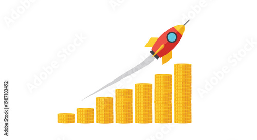 A vibrant red rocket launches upwards from a rising staircase of golden coins to illustrate rapid financial growth and investment success on white ground.