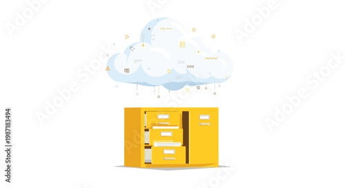 A bright yellow filing cabinet with several open drawers filled with paper files sits beneath a large cloud icon decorated with various floating symbols.