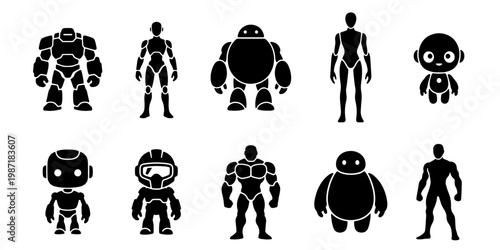 Futuristic robot silhouette collection, 10 cyborg and android character icons. Black vector robot set for gaming and sci-fi UI design.