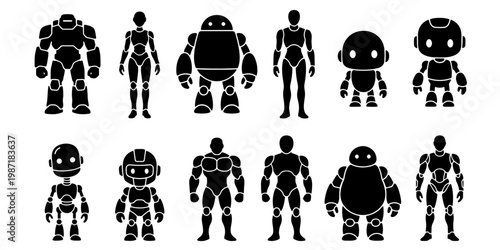 Futuristic robot silhouettes set, 12 mechanical android icons, black cyborg character vector collection, humanoid and toy robot shapes for gaming