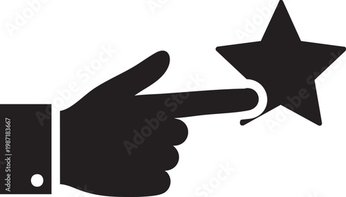 Black hand pointing star icon, gesture symbol, pointing hand, star sign vector