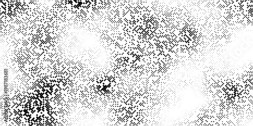 Creative digital texture with bold black and white halftone dots, pattern swirls in dynamic motion giving impression of motion or energy, experimental flow and layered textures, graphic illustration