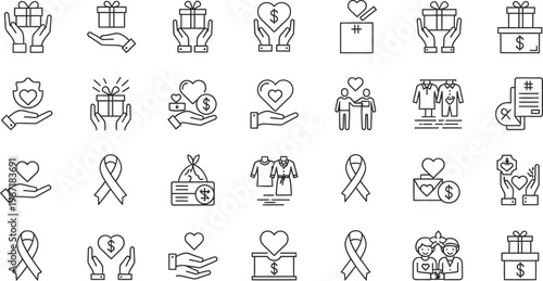 Collection of hand drawn line icons representing gifts charity and support