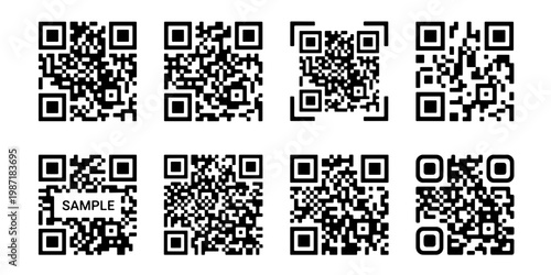QR code vector set with 8 unique digital scan icons, black and white quick response matrix barcodes, scannable mobile payment and data link symbols