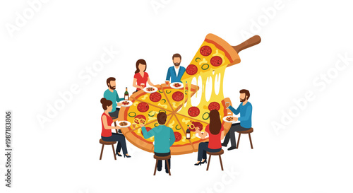 Group of diverse friends gathers around a large shared pizza with one person lifting a cheesy slice in a warm social dining setting with soft lighting.