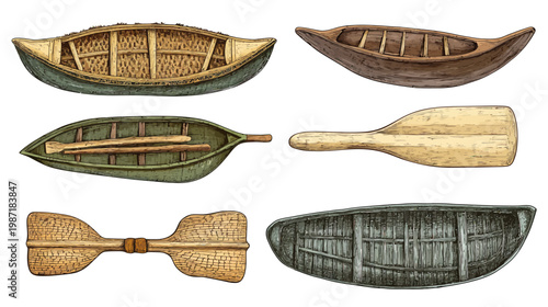 A collection of various traditional boats and paddles depicted in a detailed, illustrative style