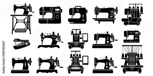Vintage sewing machine icons set, antique tailor equipment silhouettes, 14 black vector elements for dressmaking and fashion design