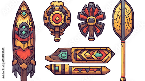 Digitally created illustration of carved wooden fantasy weapons and decorative shields