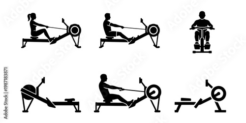 Rowing machine icon set with 6 vector silhouettes, fitness equipment for gym and home workout, indoor rowing exercise symbols for sports apps