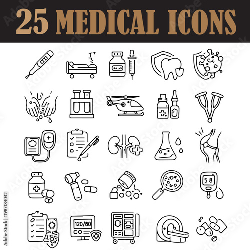 Medical icons set of 25 thin line vector symbols, healthcare and hospital equipment signs, medicine and clinical diagnostic elements for web design isolated PNG with Transparent Background