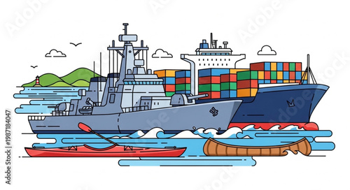 Naval warship and cargo container ship at sea.