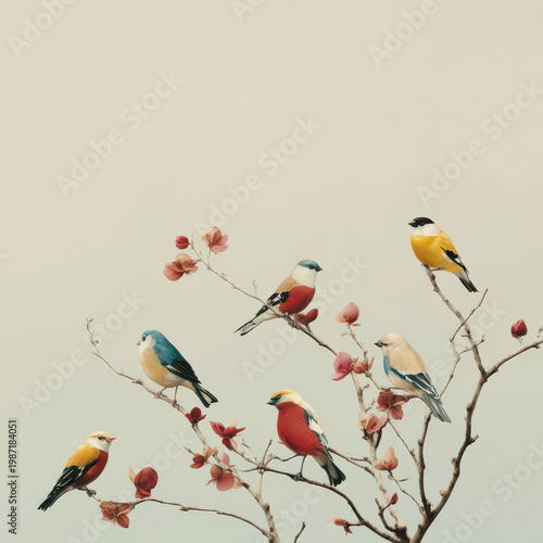 minimalist design featuring birds perched on branches against clean background emphasizing tranquility