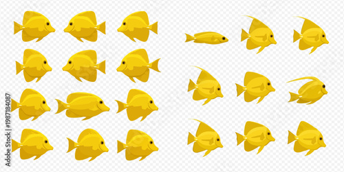 Set of cartoon yellow fish with various poses and shapes isolated on transparent background.