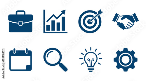Collection of business icons representing growth, strategy, collaboration, and planning