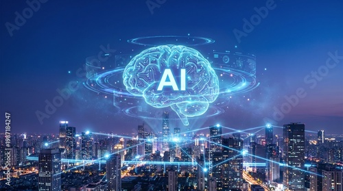 Futuristic smart city skyline at night with digital AI human brain hologram and network connection lines. High tech concept of artificial intelligence, big data, and global communication in a modern m