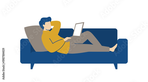Man Relaxing on Sofa with Laptop.