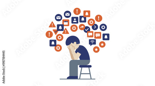 Man sitting with social media icons.