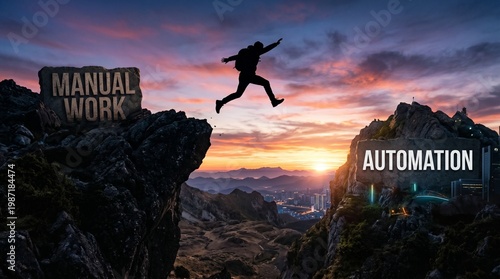 Silhouette of a Man Leaping from Manual Work to Automation over a Mountain Gap at Sunset, Symbolizing Digital Transformation and Efficiency