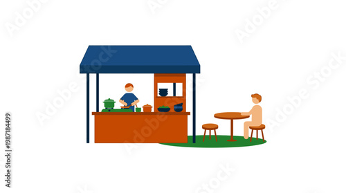 Woman sitting at outdoor food stand.