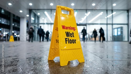 Yellow Wet Floor Warning Sign in Busy Indoor Public Space.