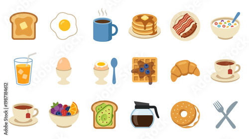 Variety of breakfast foods and drinks.