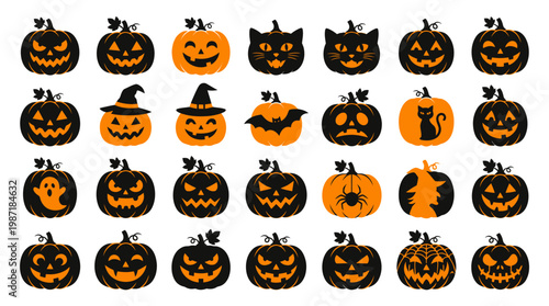 Collection of carved Halloween pumpkins faces.