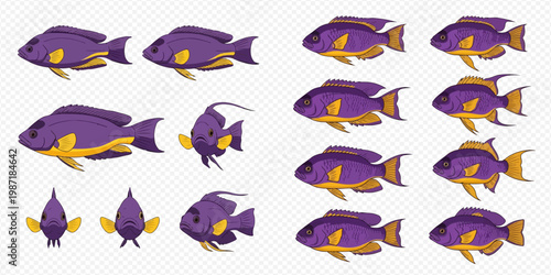 Purple fish animation sprite sheet for game development or motion graphics.