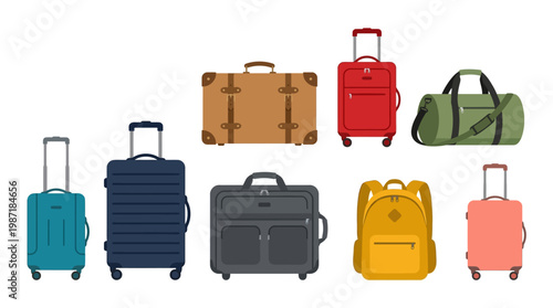 Variety of colorful luggage and bags.