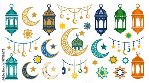 Ramadan lanterns and crescent moons.