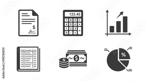Financial analysis tools including a report, calculator, and graphs on a clean background