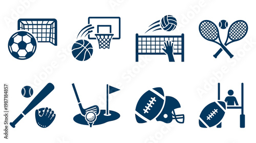 Various sports icons representing soccer, basketball, volleyball, tennis, baseball, golf, and football