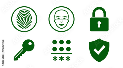 Collection of security icons featuring fingerprint, face recognition, lock, key, and shield symbols