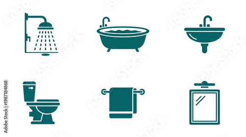 A collection of bathroom icons including a shower, bathtub, sink, toilet, towel, and mirror