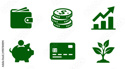 Green financial icons representing savings, investment growth, and eco-friendly finance concepts