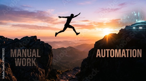 Silhouette of a Man Leaping from Manual Work to Automation over a Mountain Gap at Sunset, Symbolizing Digital Transformation and Efficiency
