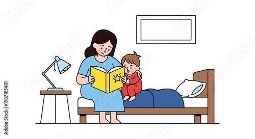Mother Reading Bedtime Story to Child, Cozy Evening Routine
