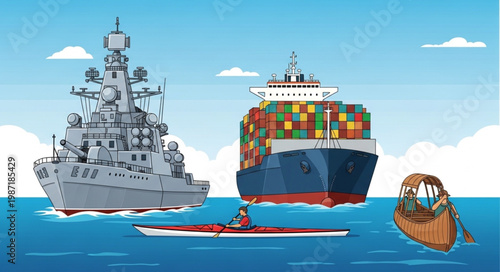 Naval warship cargo ship and kayak on the ocean.